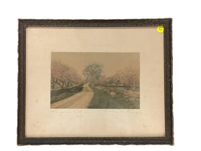 SIGNED WALLACE NUTTING HONEYMOON COTTAGE: Antique Hand Colored Photo Honeymoon Cottage Signed Wallace Nutting c. 1914. In original frame. Measures 16.25"x13.5"x3/4". Weight 1 lb 11 oz.
