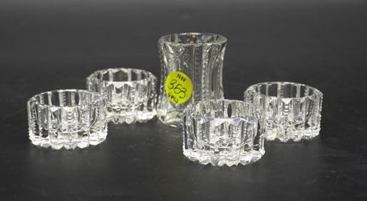 ANTIQUE CLEAR CUT GLASS SALT CELLARS AND TOOTHPICK HOLDER