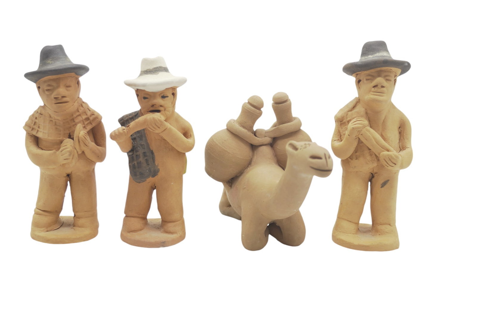 4 VINTAGE TERRACOTTA SCULPTURES CAMEL & MUSICIANS: 3 Peruvian Terracotta Musicians 6" and a Terra Cotta Camel 6"4.5".Weight on all 2 lbs