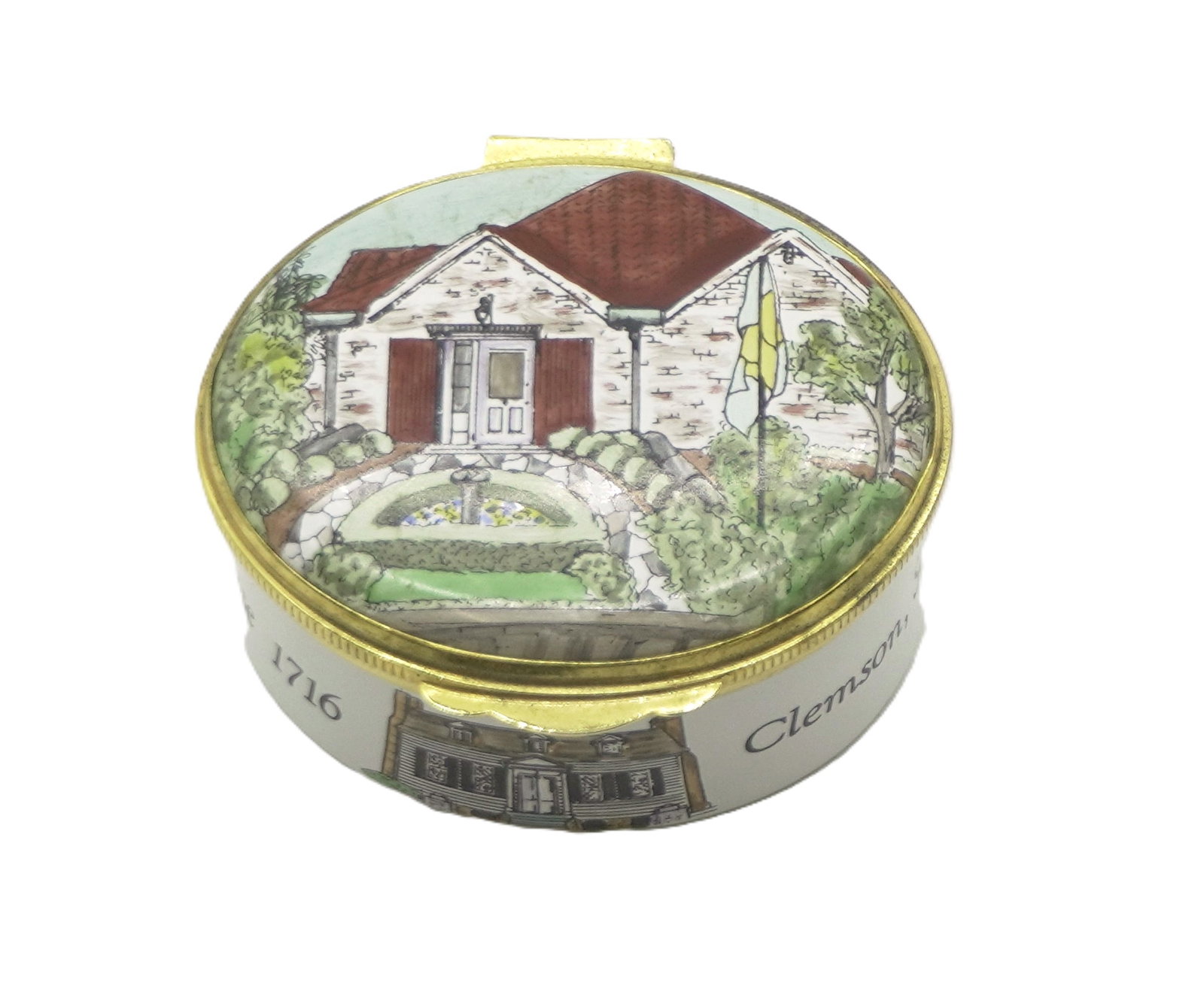 CLEMSON SC CRUMMLES ENGLISH PORCELAIN TRINKET BOX: Crummles English Porcelain Clemson SC Hanover House Trinket Box 2"x1". Weight 1.2 oz
