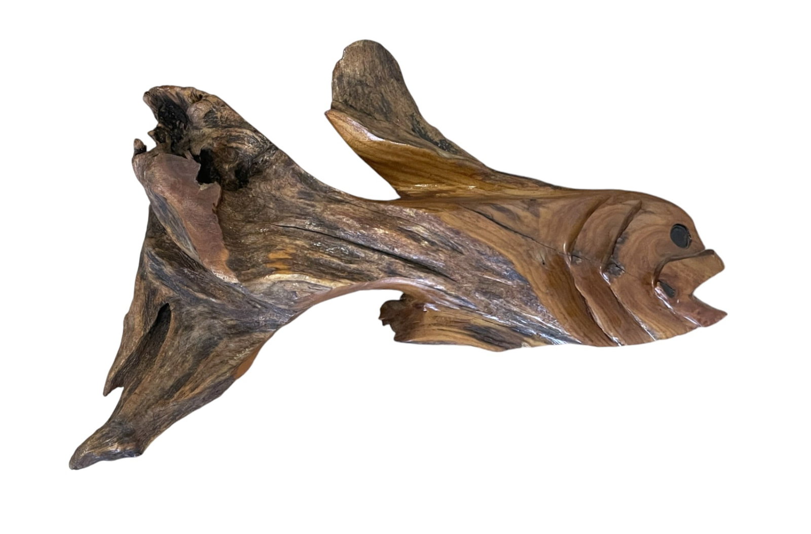 SIGNED WOODHAWK (TED PAGE) FISH SCULPTURE: Signed Woodhawk (Ted Page) Cypress Driftwood Fish Sculpture. Measures 19"x4"x13". Weight 3 lbs 3 oz. Woodhawk (Ted Page) is a sculpture artist and woodcarver based out of Titusville, Florida. He speci