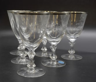 6 PRINCESS ROSE PLATINUM RIM TIFFIN FRANCISCAN GOBLETS
