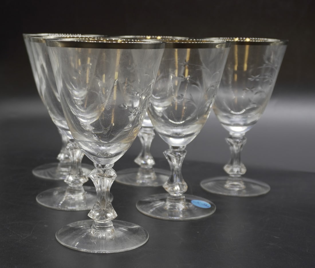 6 PRINCESS ROSE PLATINUM RIM TIFFIN FRANCISCAN GOBLETS (1 of 2)