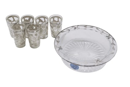 MID CENTURY STERLING OVERLAY SHOT GLASS SET W TRAY
