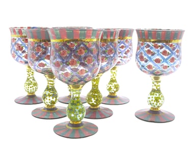 7 HAND PAINTED MACKENZIE-CHILDS ROSE ARBOR CIRCUS GOBLETS