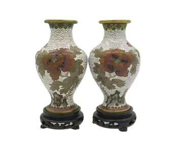 MATCHED PAIR CLOISONNE VASES ON STANDS