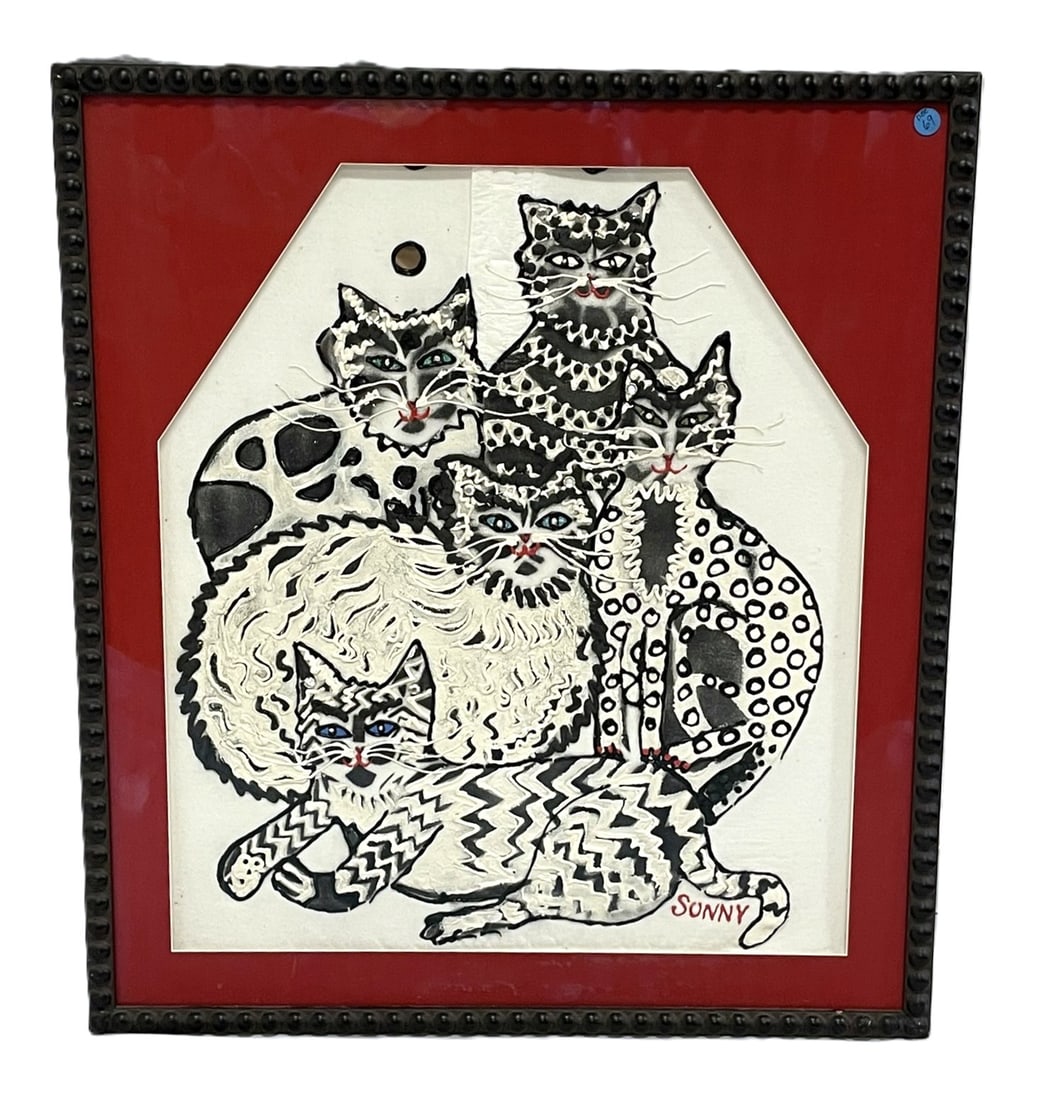 MIXED MEDIA CAT PAINTING SUNNY: Mixed Media Cat Painting signed Sunny. Purchased and professionally framed from Harbor Gallery, Norfolk. In frame measures 26.5"x30"x1.25". Weight 12 lbs