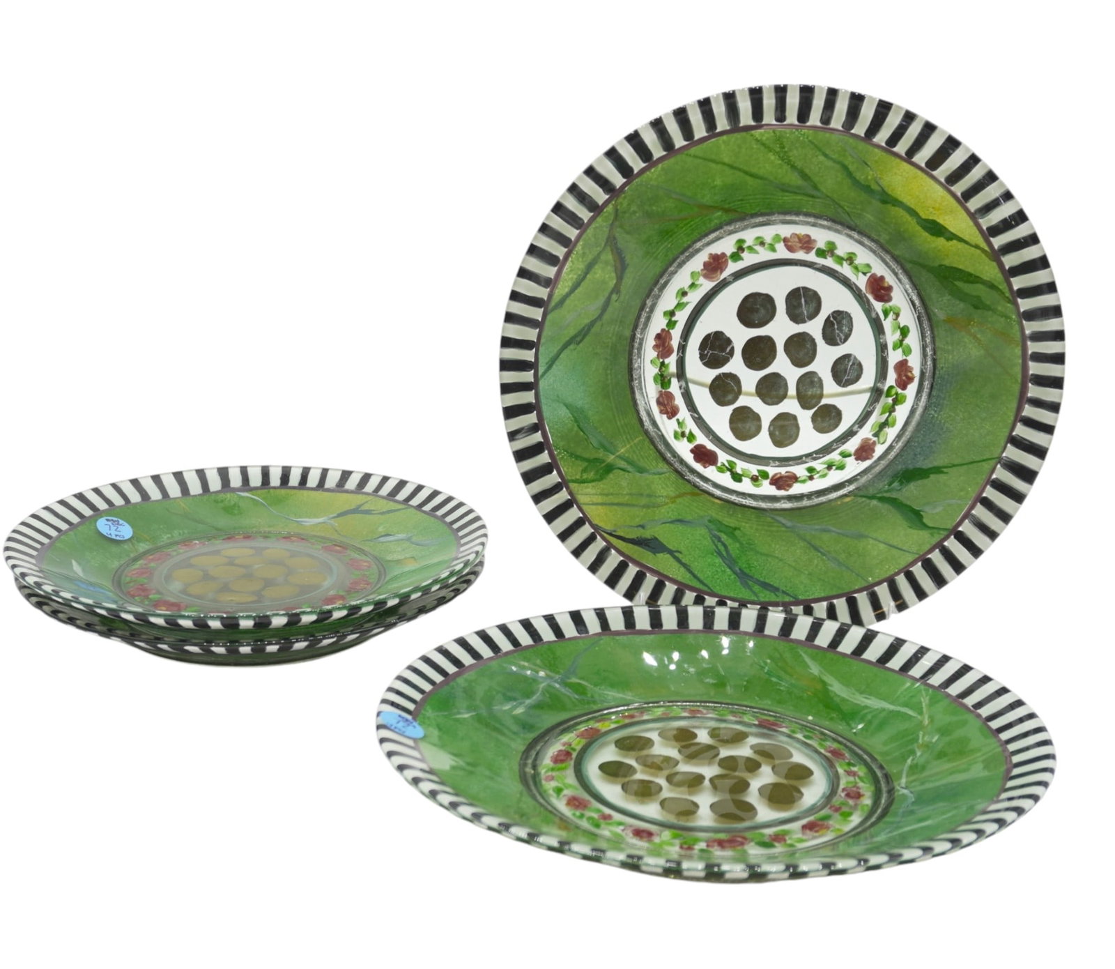 MACKENZIE CHILDS HAND PAINTED RICHARD & VICTORIA GLASS PLATES - 4 PIECES: 4 MacKenzie-Childs Handpainted Richard & Victoria Glass Plates. Features hand painted floral details, stripes, and gold gilt dots. Each is stamped with maker's mark and year on bottom. 2 Small Measure