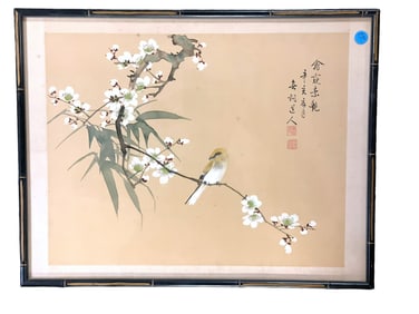 VINTAGE CHINESE SPARROW & BLOSSOMS ORIGINAL WATERCOLOR