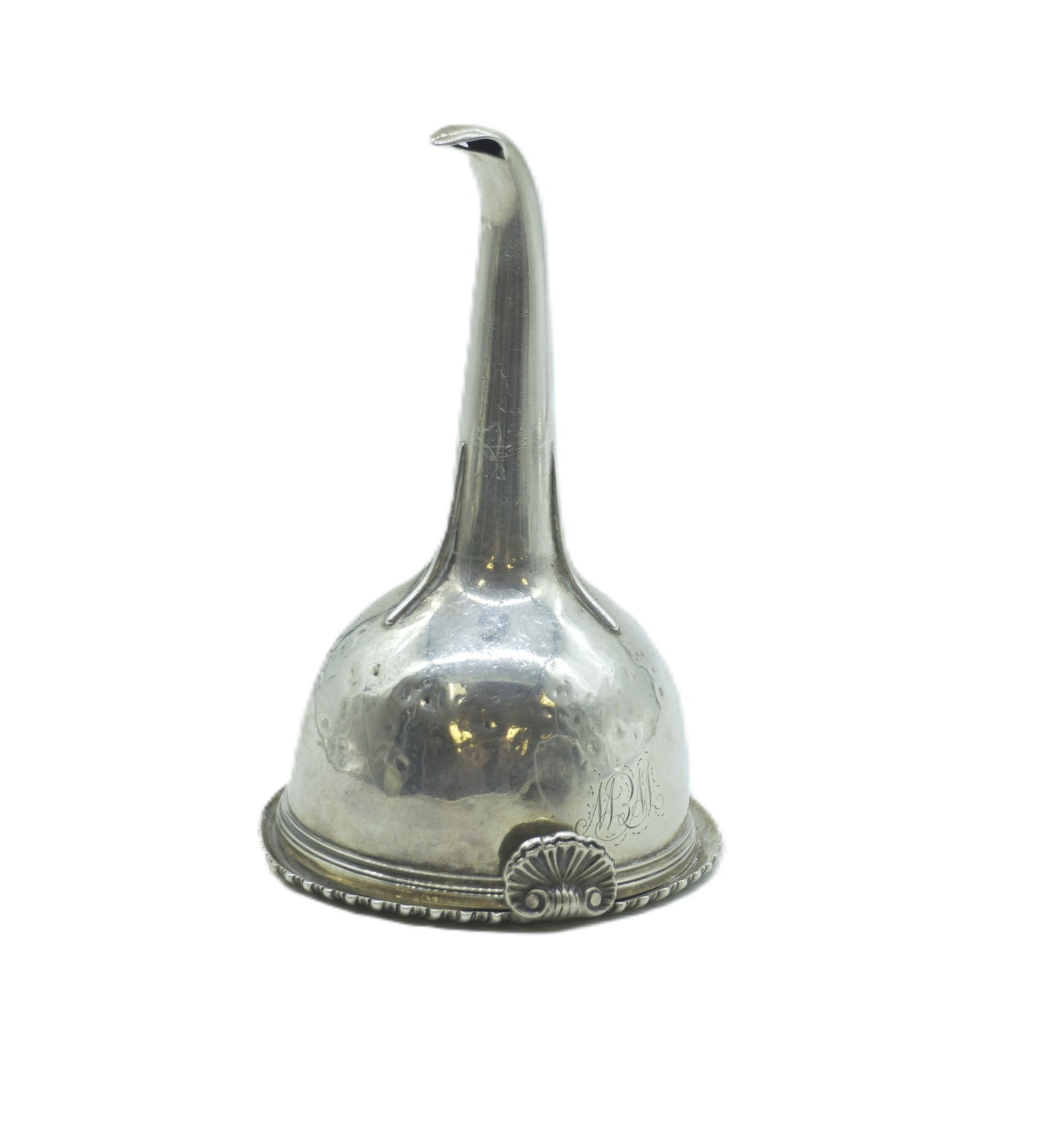 GEORGE III STERLING WINE FUNNEL 1815: Antique English George III Sterling Silver Wine Funnel by Rebecca Emes and Edward Barnard I, London, Date mark for 1815. Measures 3"x3"x5". Approx silver weight 122 grams. Monogrammed. Small dings. PR
