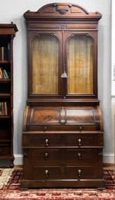 ANTIQUE TALL CYLINDER SECRETARY BOOKCASE WALNUT
