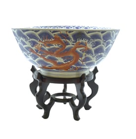 LARGE VINTAGE CHINESE DRAGON AND WAVES BOWL