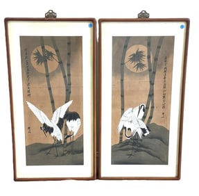 PAIR OF FINE JAPANESE AUSPICIOUS CRANES PAINTINGS