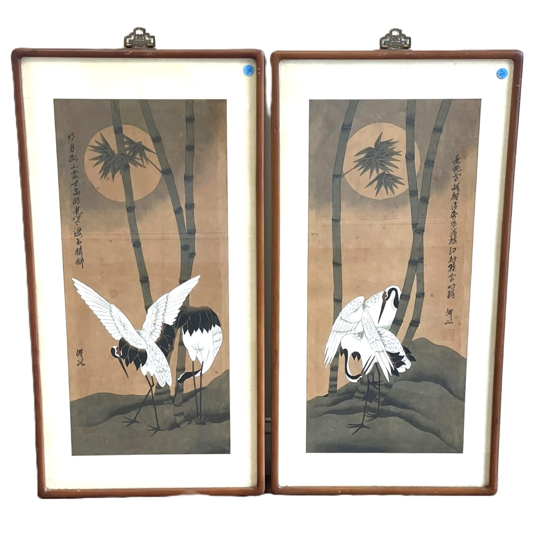 PAIR OF FINE JAPANESE AUSPICIOUS CRANES PAINTINGS (1 of 5)