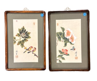 PAIR ORIGINAL JAPANESE BIRDS & BUTTERFLY FLORALS