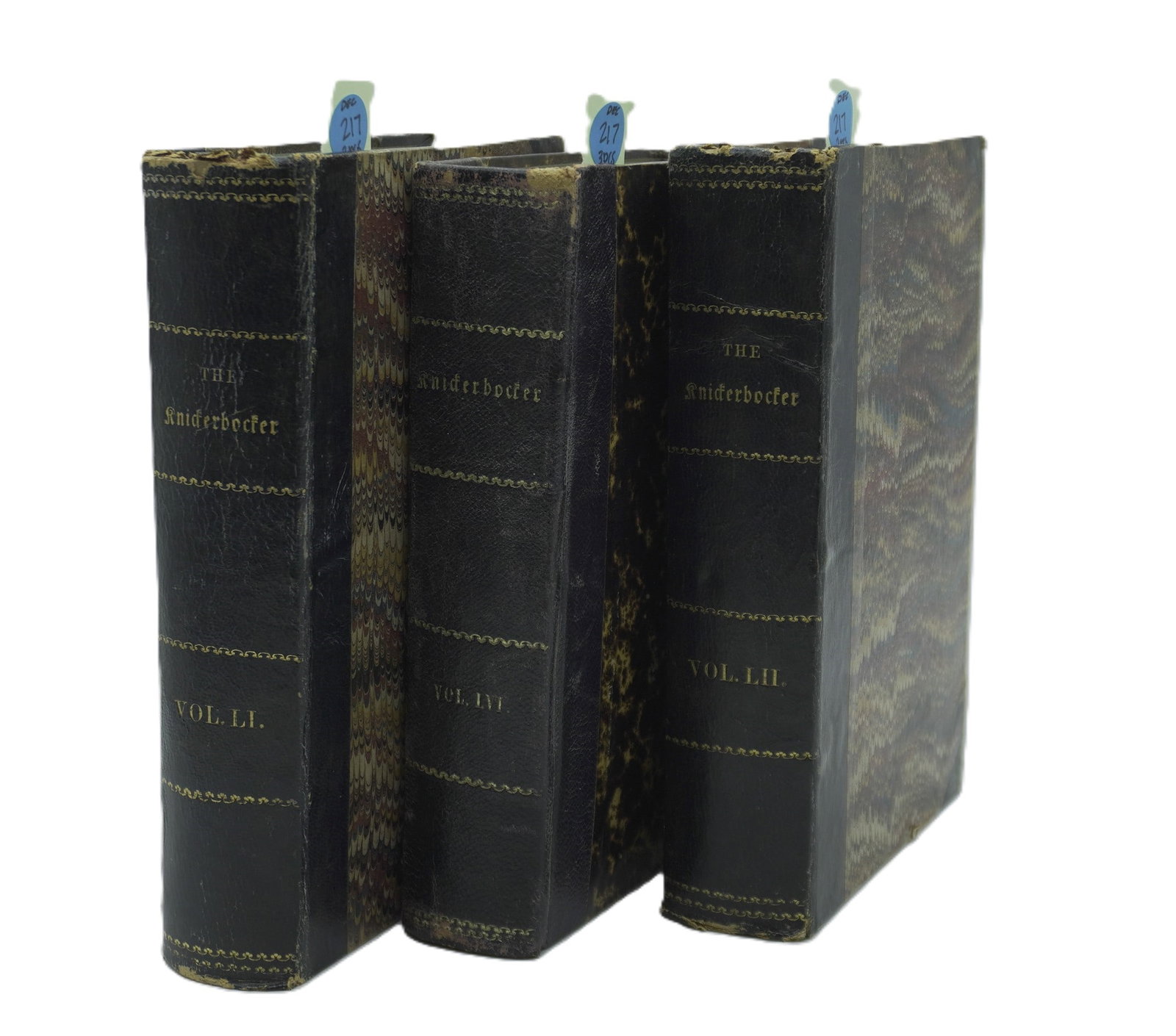 ANTIQUE "THE KNICKERBOCKER OR NEW YORK MONTHLY MAGAZINE" 1858 EDITIONS - 3 PIECES: The Knickerbocker or New-York Monthly Magazine, 1858 editions. Printer and Stereotyper: John A. Gray, 16 & 18 Jacob Street, New York. Includes volumes LI., LVI, and LII. Two volumes have marbled cover