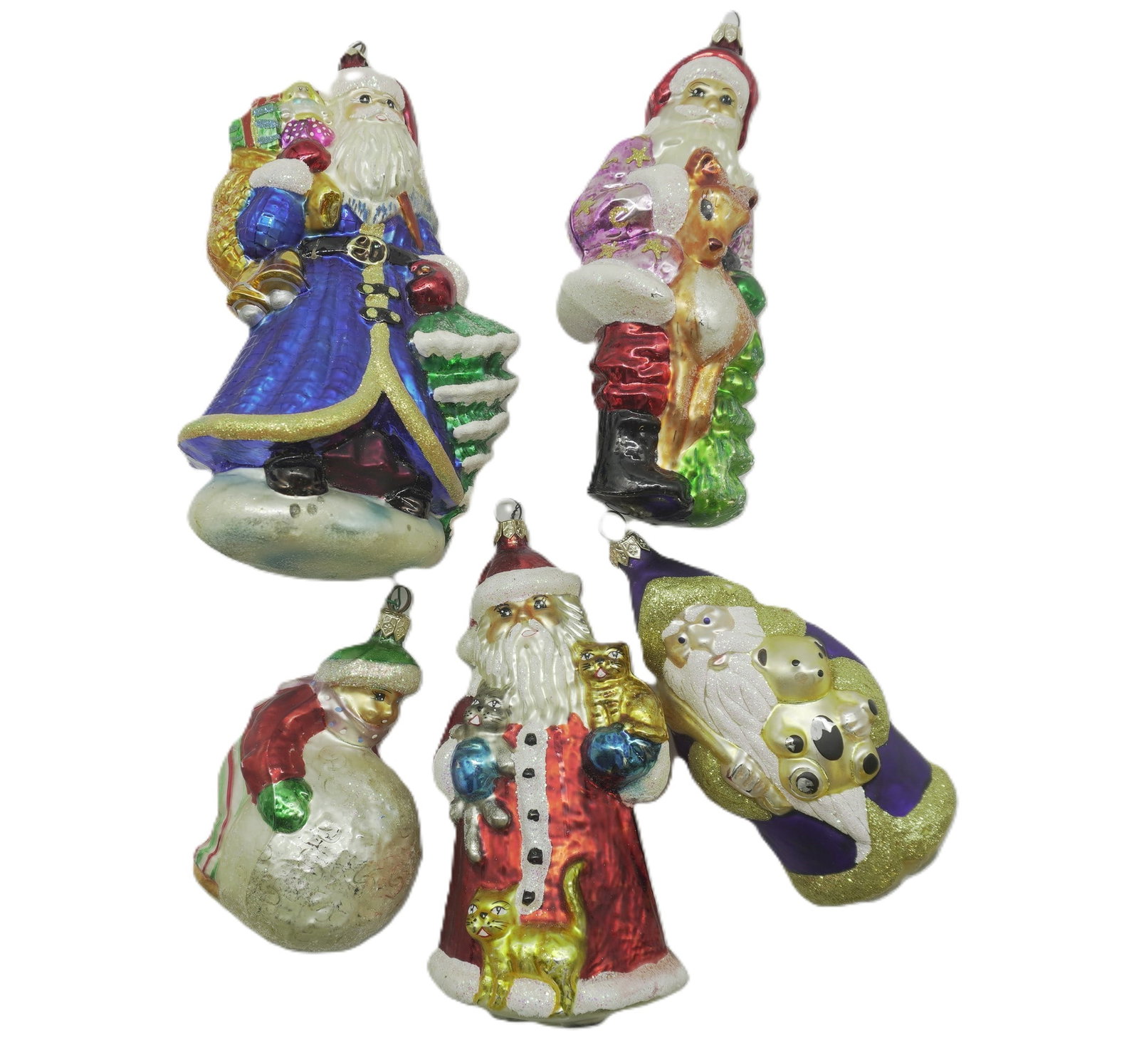VINTAGE RADKO AND GLASS ORNAMENTS - 5 PIECES: This lot includes 1) Santa with Cats 2) Santa with Teddy 3) Radko "Snowballing" 4) Radko "Sapphire Santa" 5) Radko "Santa's Helper". Total lot weight is 15 oz.