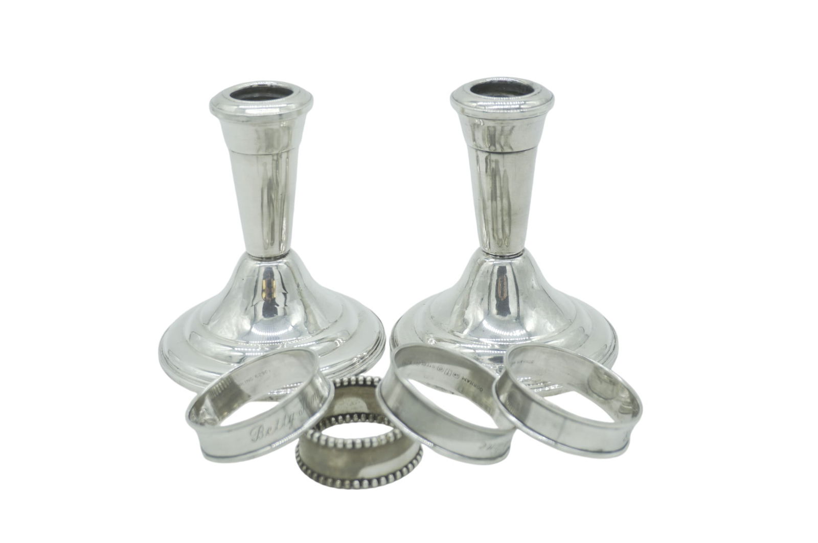 6 PC STERLING SILVER CANDLESTICKS + NAPKIN RINGS (1 of 3)