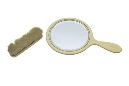 CELLULOID HANDHELD MIRROR AND BRUSH