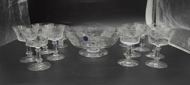 13 pc FOSTORIA ETCHED WILLOW TRIFLE BOWL &