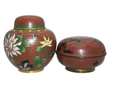 PAIR VINTAGE CINNAMON RED CLOISONNE PIECES