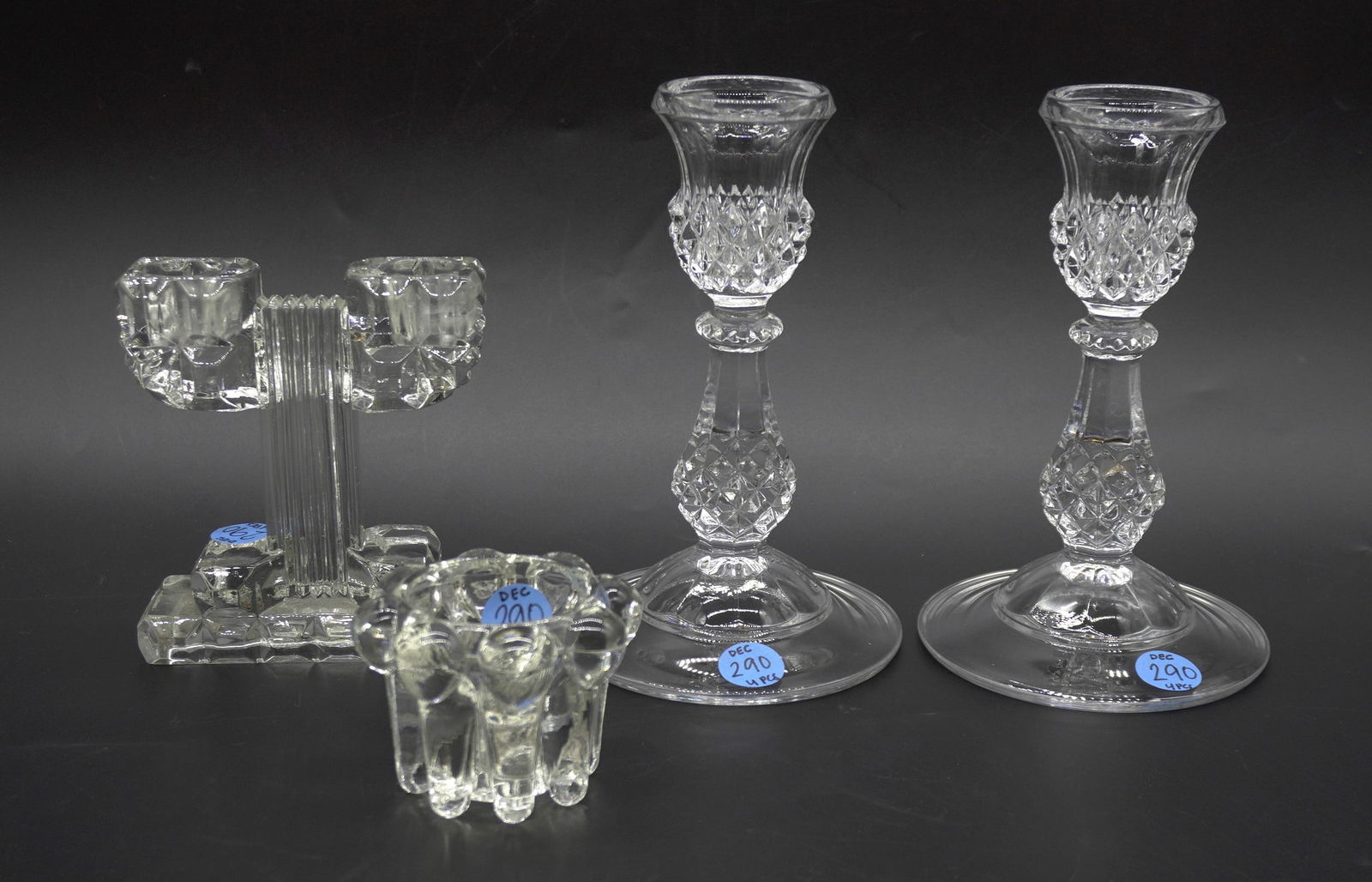 4 CRYSTAL AND GLASS CANDLESTICK HOLDERS (1 of 3)
