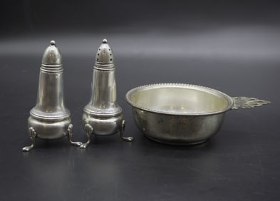 3 PC STERLING SILVER PORRINGER & SALT + PEPPER