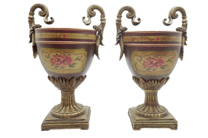 PAIR DECORATIVE FRENCH TOLE STYLE URNS
