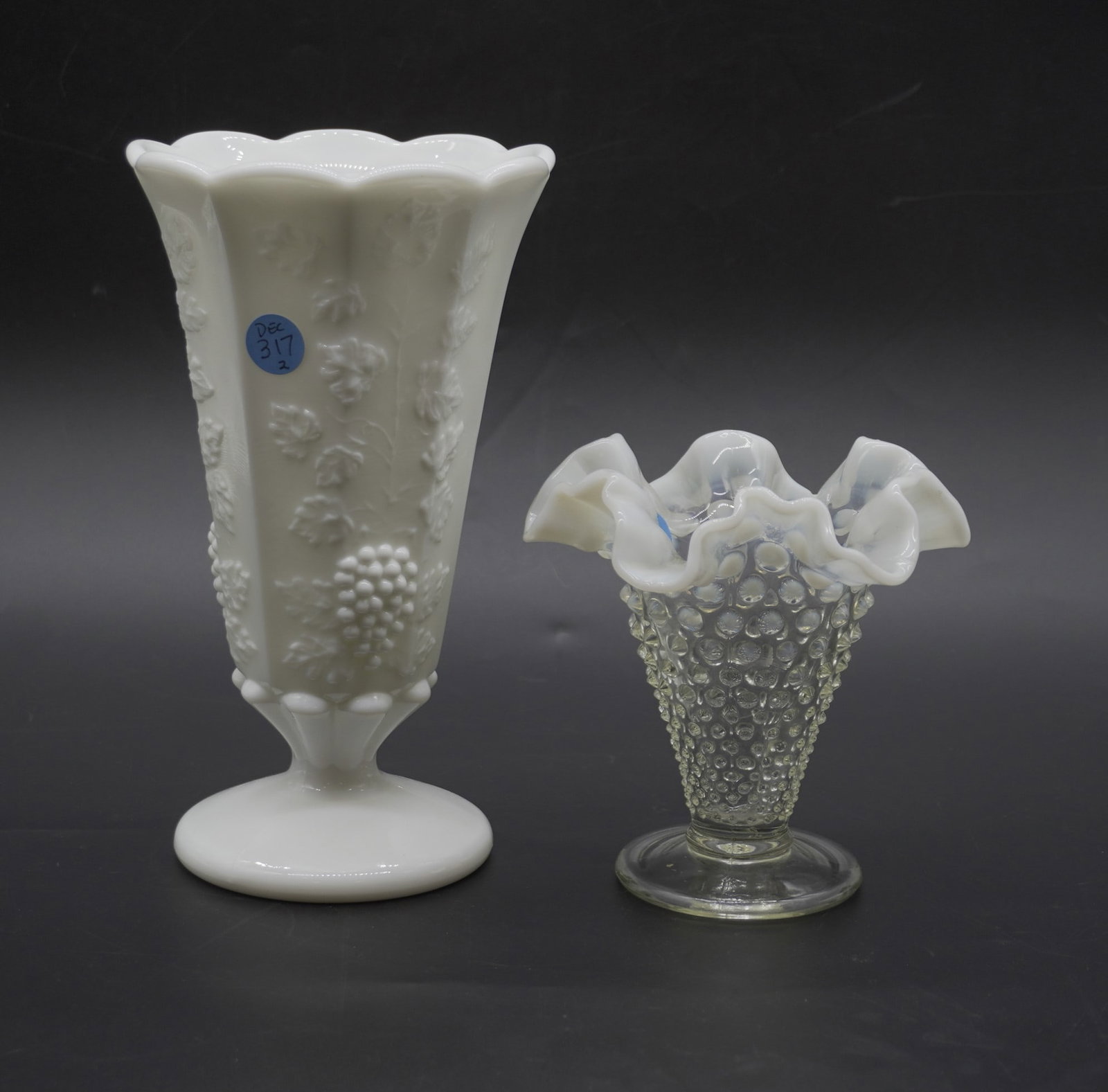 2 PC FENTON OPALESCENT & WESTMORELAND MILK GLASS: Vintage Fenton Opalescent Ruffle Vase, older unmarked 5.5". Westmoreland Leaves and Berries Milk Glass Vase 9". Weight 3 lbs 11 oz
