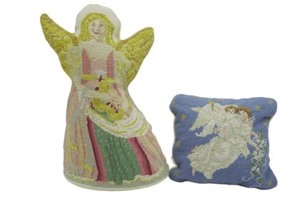 TWO HAND STITCHED WOOL NEEDLEPOINT ANGEL PILLOWS