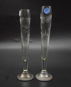 PAIR ETCHED GLASS WEIGHTED STERLING FLOWER BUD VASES