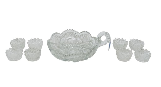 AMERICAN BRILLIANT CUT GLASS SALT CELLARS AND NAPPY - 9 PIECES
