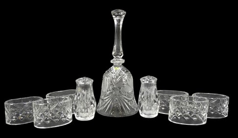 9 pc CRYSTAL INCL 6 WATERFORD NAPKIN RINGS