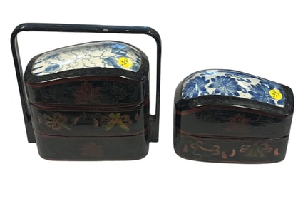 PAIR JAPANESE LACQUER & PORCELAIN BENTO BOXES