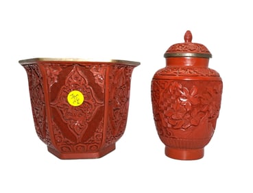 2 pc CHINESE CARVED CINNABAR JAR AND POT