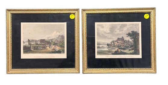 PAIR OF ANTIQUE 1840 AQUATINT ENGRAVINGS "FRENCH TOWN SCENES"
