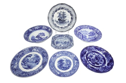 7 pc ANTIQUE BLUE & WHITE SPODE - WEDGWOOD + MORE