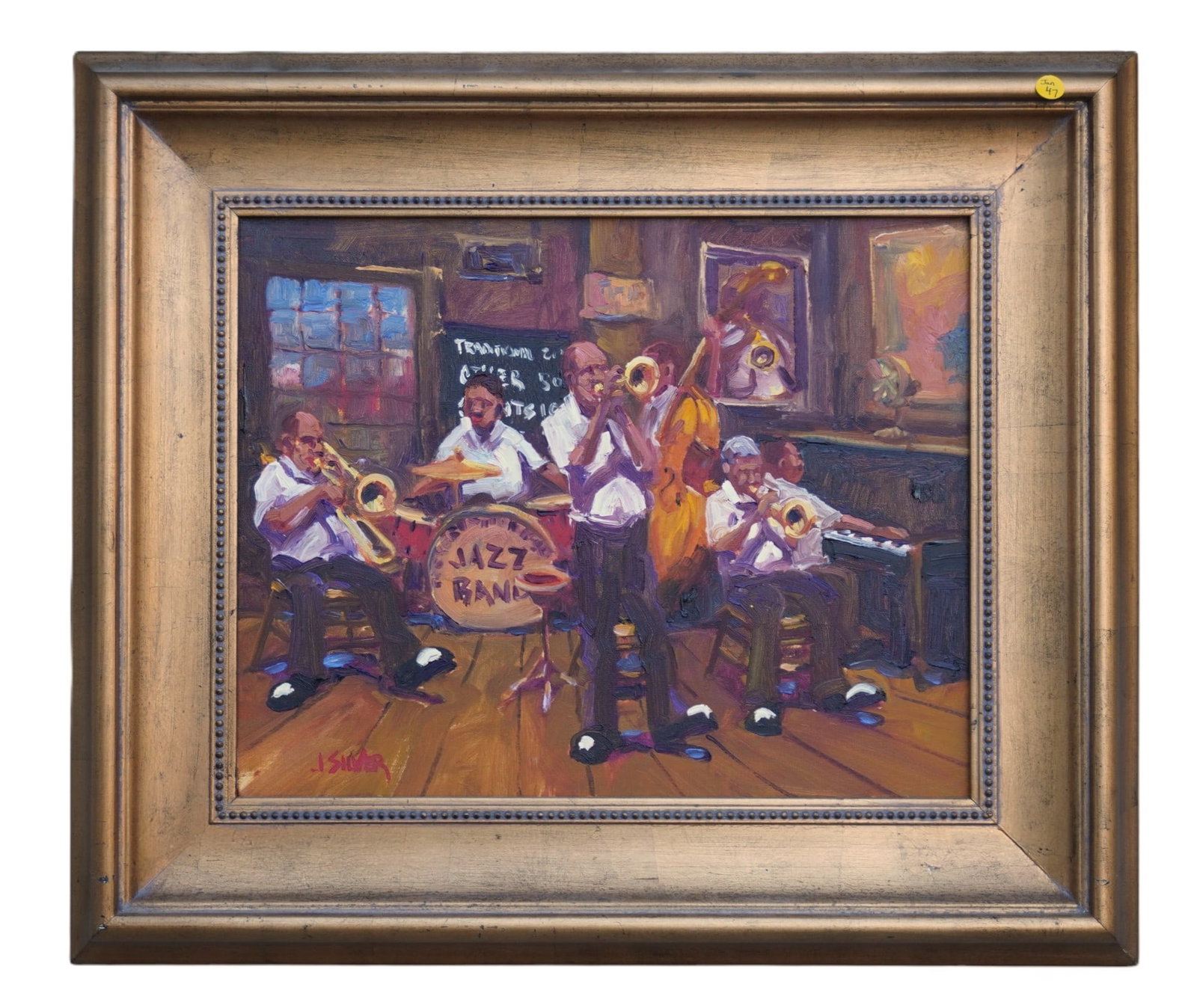 NEW ORLEANS JAZZ BAND OIL ON CANVAS SILVER: New Orleans Jazz Band Impressionist Oil on Canvas signed J Silver. In contemporary gilt wood frame. In frame measures 29"x25"x3". Weight 8 lbs