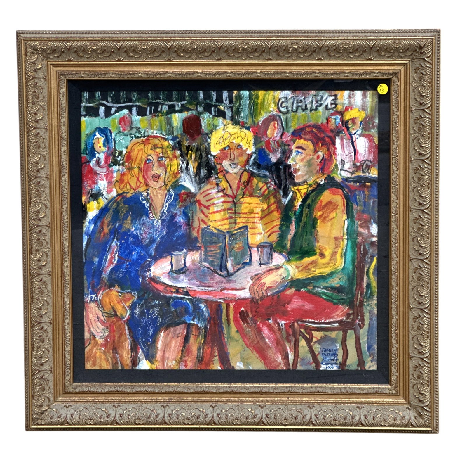 ORIGINAL ACRYLIC AND MIXED MEDIA PAINTING BY RHONDA CAMPBELL: Original Acrylic and Mixed Media Painting on Paper "Family Outing" 1998. Professionally framed, in frame measures 30"x29"x2". Weight 14 lbs. Rhonda graduated from the National Art School & Alexander M