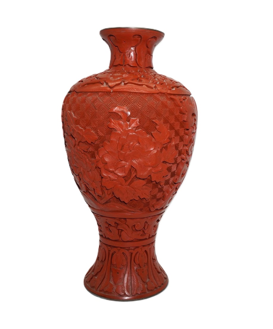 VINTAGE CARVED CHINESE CINNABAR VASE: Vintage Carved Chinese Cinnabar Vase. Measures 5"x5"x10". Weight 1 lb 11 oz. PROVENANCE: The Charles Drayton House, 25 E. Battery, Charleston, SC