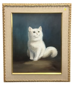 MID CENTURY WHITE CAT OIL ON CANVAS