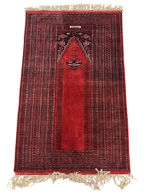 SIGNED HAND KNOTTED MORI BOKHARA PRAYER RUG