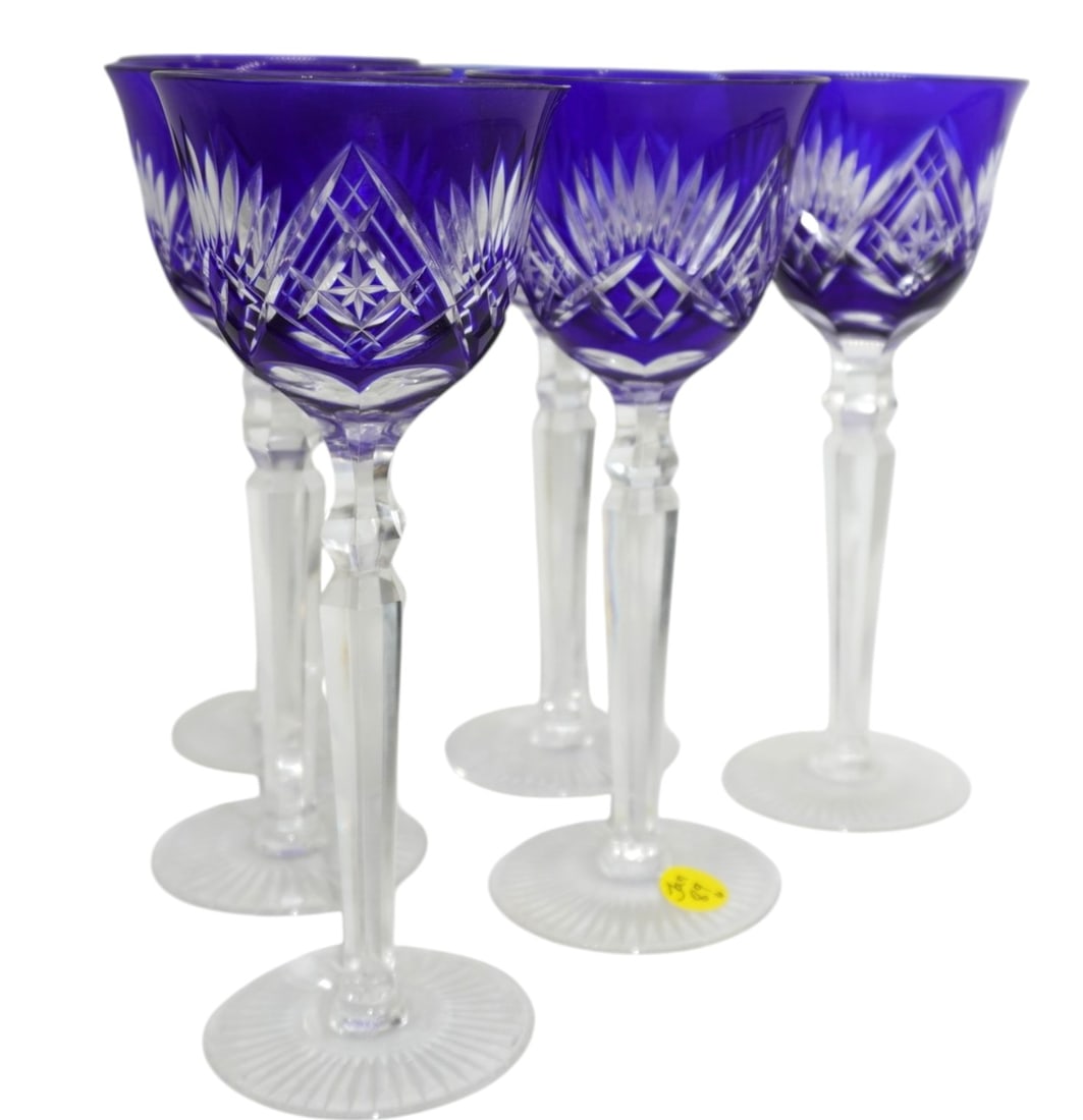 6 BOHEMIAN COBALT CUT TO CLEAR HOCK GLASSES (1 of 4)