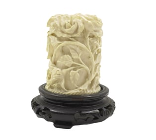 INTRICATE CHINESE CARVED BONE BOX ON STAND