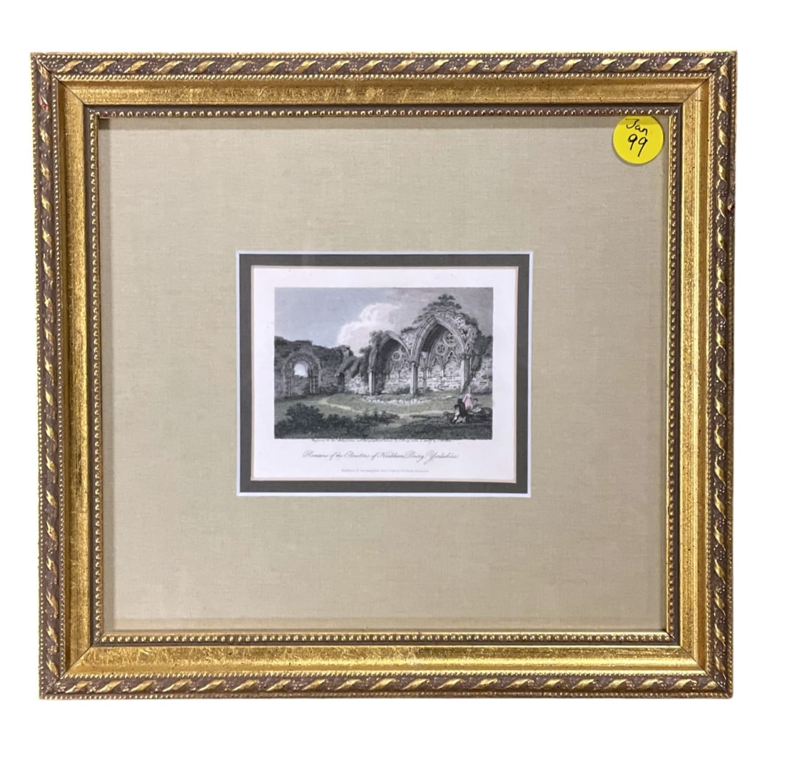 RARE 1806 HAND COLORED ENGRAVING KIRKHAM PRIORY: Very Rare Hand Colored Copper Plate Engraving 1806 Remains of the Cloisters of Kirkham Priory, Yorkshire, England. Artist: J. Whichelo. Engraved by J. Greig. Published for the Proprietor by Wm. Clarke