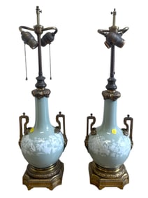 PAIR OF ANTIQUE CELADON PORCELAIN FRENCH GILDED BRONZE TABLE LAMPS
