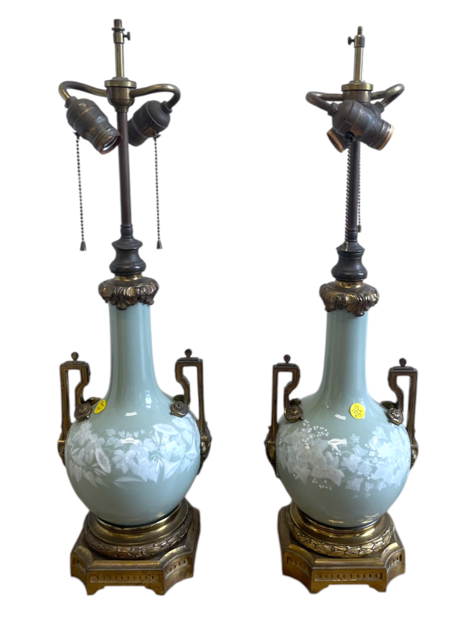 PAIR OF ANTIQUE CELADON PORCELAIN FRENCH GILDED BRONZE TABLE LAMPS (1 of 8)