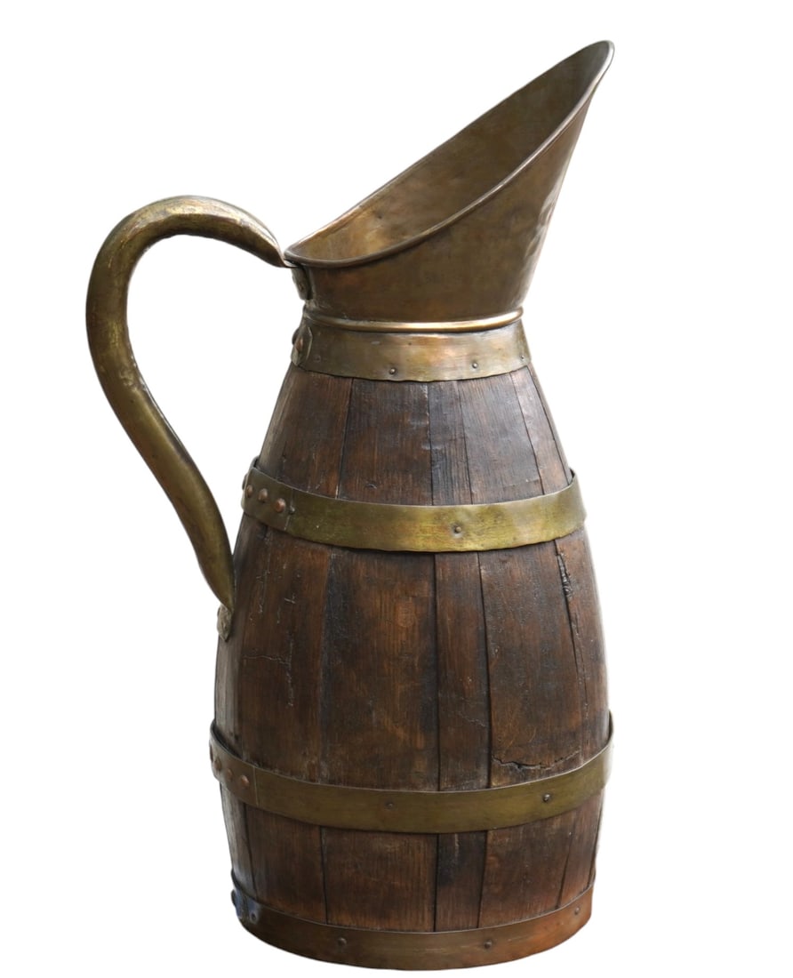 ANTIQUE BRASS & WOOD STAVED ALE PITCHER (1 of 5)