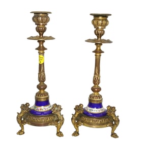 ANTIQUE FRENCH GILDED BRONZE AND PORCELAIN CANDLESTICKS