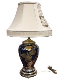 VINTAGE COBALT CHINOISERIE GILT PORCELAIN LAMP